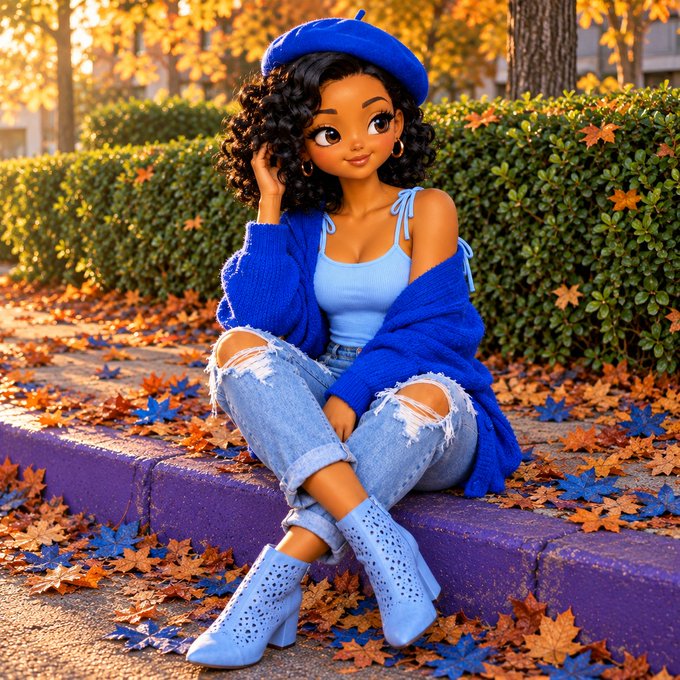 A stylized 3D-rendered figure of a woman with dark curly hair, wearing a blue beret, blue cardigan, blue top, ripped jeans, and blue ankle boots, sitting on a curb surrounded by autumn leaves.