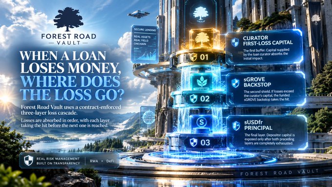 A promotional graphic for 'Forest Road Vault' titled 'WHEN A LOAN LOSES MONEY, WHERE DOES THE LOSS GO?' explaining their three-layer loss cascade through Curator First-Loss Capital, sGROVE Backstop, and sUSDr Principal.