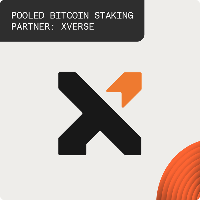 The image displays a promotional graphic with a dark gray banner at the top reading "POOLED BITCOIN STAKING PARTNER: XVERSE" in white text, alongside Xverse's bold black "X" logo accented with an orange arrow shape, set against a light gray background with an orange circular design element in the corner. This visual supports the post's announcement about Xverse serving as the pooled staking partner for the Genesis Bond program, where users can stake their sBTC and STX before block 966,250 to earn rewards.
