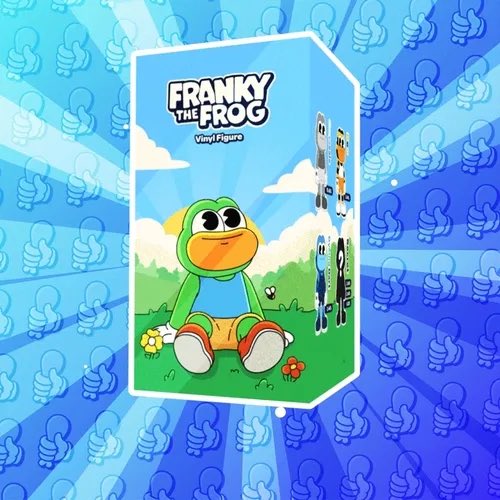 Promotional artwork for a "Franky the Frog" vinyl figure, showing the green cartoon frog in blue overalls on a grass background, surrounded by a blue sunburst pattern with thumbs-up icons.