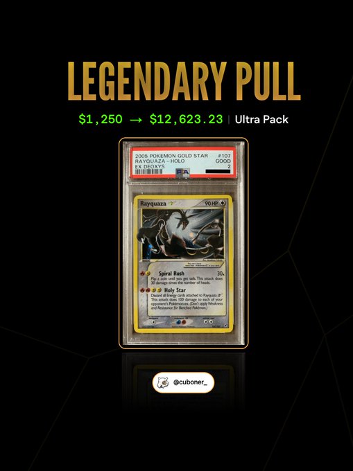 A 'LEGENDARY PULL' graphic showing a PSA-graded 2005 Pokemon Gold Star Rayquaza-Holo card valued at $12,623.23 (up from $1,250) from an Ultra Pack, credited to @cuboner_
