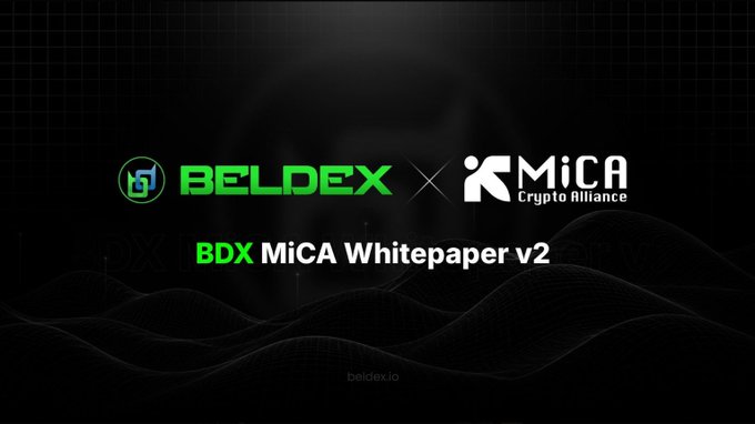 A promotional banner features the BELDEX logo alongside the MiCA Crypto Alliance logo, with the text 'BDX MiCA Whitepaper v2' and 'beldex.io' displayed on a dark background.