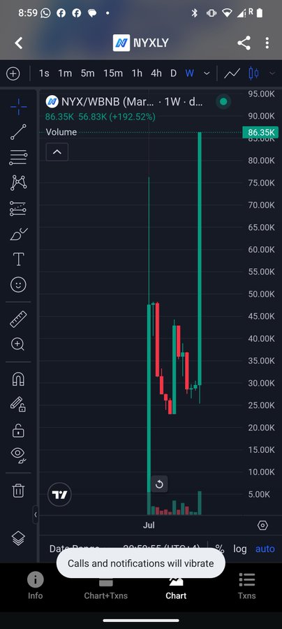 A TradingView chart on mobile displays the NYX/WBNB trading pair with a dramatic green price spike showing 86.35K and a 192.52% gain, with a notification banner reading 'Calls and notifications will vibrate'.