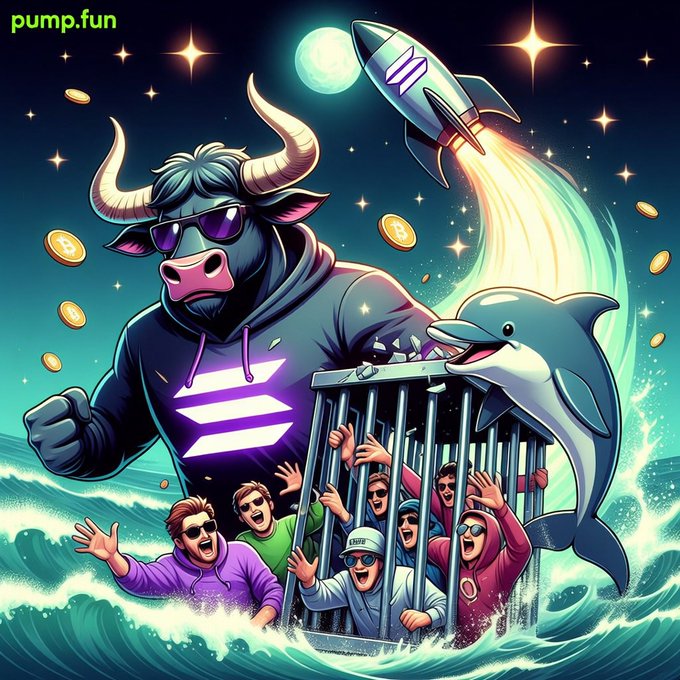 A colorful pump.fun illustration features a horned bull in sunglasses with the Solana logo, a rocket launching, a dolphin, and people in a cage surrounded by ocean waves.