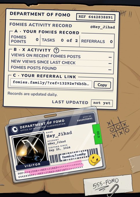 A cartoon FOMO (Department of FOMO) activity record and ID badge for user "Hey Jihad" (@Hey_Jihad), displaying zero points, tasks, and referrals, along with a referral link "fomies.family/?ref=13292e76b5b..." and "Visitor" badge featuring a hooded figure. The image humorously illustrates the post's joke about showing up at the Fomies office and getting "hired" through a free mint, complete with a quirky "VISITOR<HEY<JIHAD<<<" barcode and "555-FOMO" note.