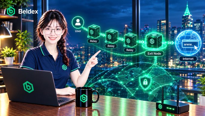 A Beldex VPN promotional image showing a woman at a laptop pointing to a network diagram illustrating how user traffic routes through relays to an exit node and the internet, with a router visible in the foreground.