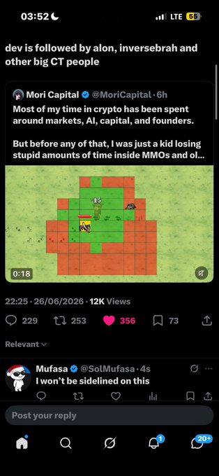 The image shows a social media post by "Mori Capital" (@MoriCapital) stating most of his time in crypto has been spent around markets, AI, capital, and founders, but before that he was just a kid losing time inside MMOs, accompanied by a screenshot of a top-down 2D game. A reply by user "Mufasa" (@SolMufasa) says "I won't be sidelined on this." The post appears unrelated to the comment about wallet BakyXRTtW2cdivHrqoENQhSfaMjGLRgDudV8QSBGcKNf and mentions of "Noir," showing a comment posted beneath unrelated content about crypto and gaming.
