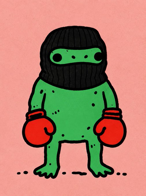 A cartoon frog character wearing a black ski mask and red boxing gloves stands against a pink background, fitting the "Froggo Minting Today" promotion for a free NFT mint on Robinhood. The illustration's anonymous yet tough aesthetic aligns with the giveaway's call to retweet and engage for a chance at an early mint.