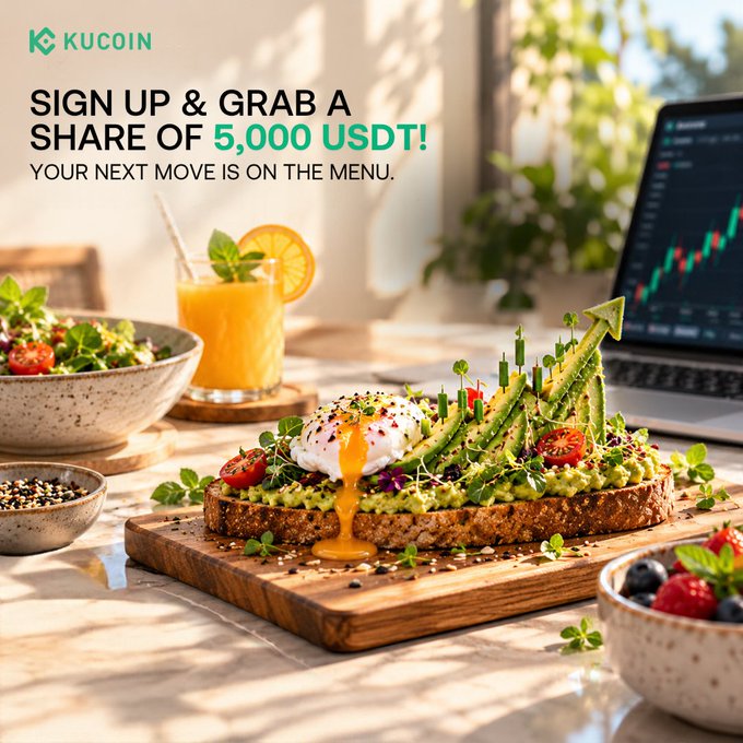 A KuCoin promotional image shows avocado toast topped with a poached egg and salad, alongside fresh juice, fruit bowls, and a laptop displaying a rising trading chart. The text reads “SIGN UP & GRAB A SHARE OF 5,000 USDT!” and “YOUR NEXT MOVE IS ON THE MENU,” tying the “Breakfast of future traders” campaign to earning a share of 5,000 USDT, up to 100 USDT each, after registering and completing a first trade on KuCoin.