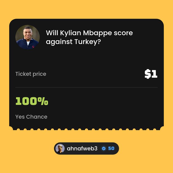 A black prediction market ticket on a yellow background asking 'Will Kylian Mbappe score against Turkey?' with a $1 ticket price and 100% Yes Chance.