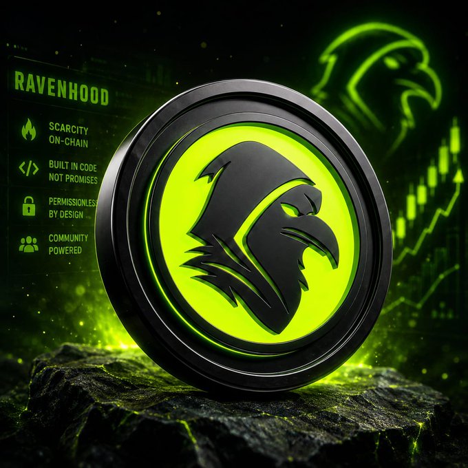 A glowing green and black "Ravenhood" coin featuring a hooded raven emblem rests on a mossy rock, with a larger raven silhouette and a rising green candlestick chart in the background, visually reinforcing the post's discussion of @RVHProtocol's tokenomics flywheel—where trading fees fund buybacks and burns against a fixed 100M $RVH supply, emphasizing scarcity, on-chain security, permissionless design, and community-powered growth.