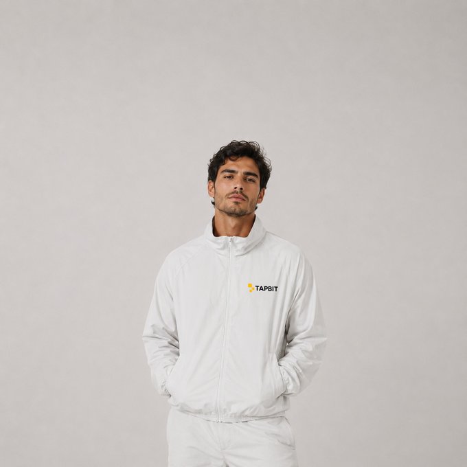 A young man with dark hair poses against a plain gray background wearing a white tracksuit jacket featuring a yellow logo and the word "TAPBIT" on the chest.