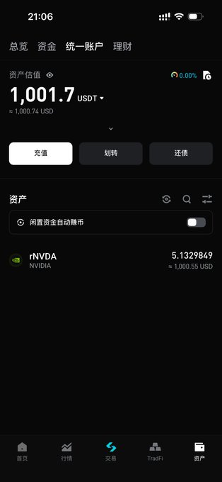 A cryptocurrency trading app screenshot showing a unified account balance of 1,001.7 USDT with an NVIDIA (rNVDA) holding valued at approximately 5.13 shares worth 1,000.55 USD, illustrating how the platform's collateral calculation during market closures helps prevent liquidation cascades that would have occurred under traditional margin setups.
