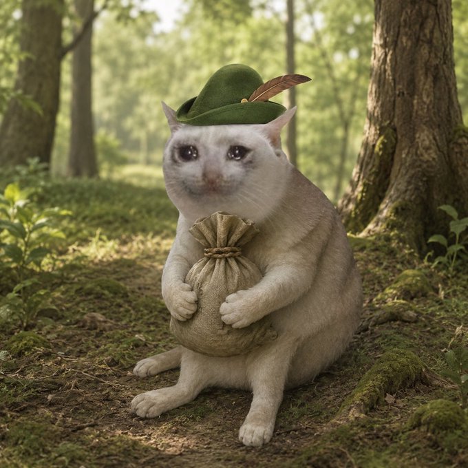 A white cat wearing a green feathered cap clutches a small burlap sack in a forest, suggesting secretive or valuable contents—fitting the caption "$50b ?" which evokes mystery or skepticism about a large financial figure. The whimsical, almost guilty-looking cat with its hidden pouch cleverly mirrors the idea of concealed wealth or an unspecified, hard-to-fathom sum.