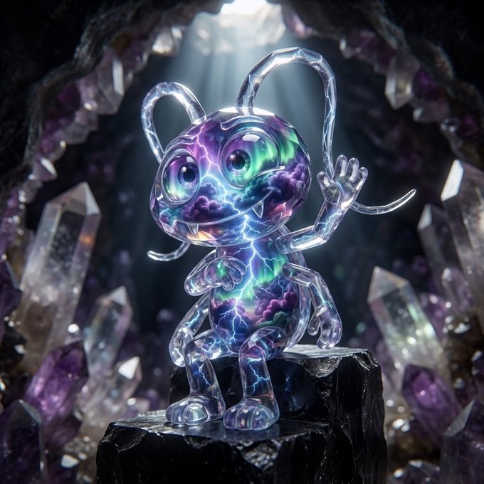 A digital artwork of a translucent, crystalline creature with colorful purple and green cosmic patterns inside, standing among amethyst crystals with its hand raised.