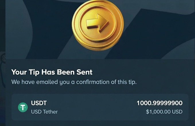 The image shows a cryptocurrency tipping confirmation screen displaying "Your Tip Has Been Sent" with 1000.99999900 USDT (USD Tether) valued at $1,000.00 USD, illustrating the promised $1000 USDT tip from the accompanying giveaway post.