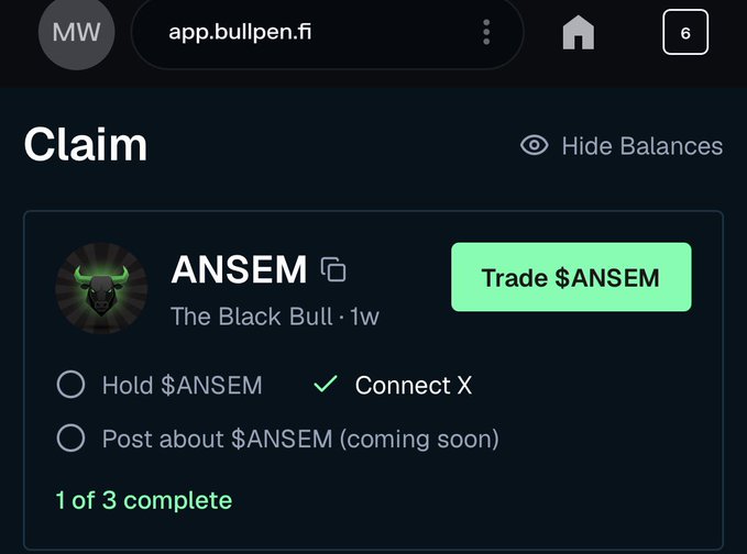 A screenshot from app.bullpen.fi showing a 'Claim' page for the $ANSEM token ('The Black Bull') with a 'Trade $ANSEM' button and a checklist indicating '1 of 3 complete' with 'Connect X' checked.