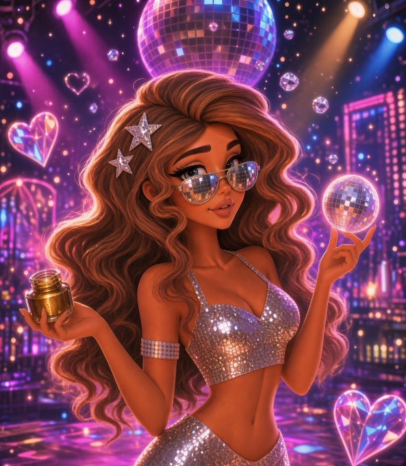 A vibrant digital illustration of a cartoon woman with long wavy brown hair, star hair clips, and round sunglasses, holding a small jar and posing near a disco ball against a neon cityscape background.