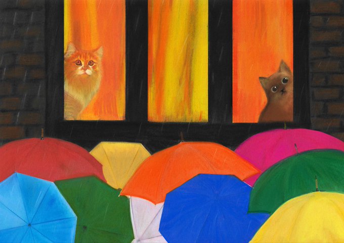 A painting-style image shows two cats (one orange, one gray) looking out from windows glowing with warm orange light, while a crowd of colorful umbrellas shelters below in the rain.