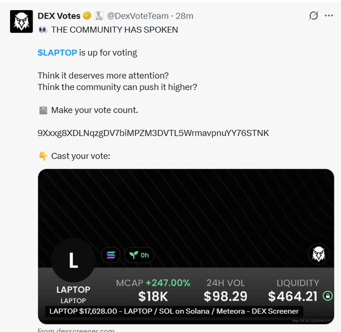 A tweet from DEX Votes (@DexVoteTeam) announcing $LAPTOP is up for voting, showing MCAP of $18K (+247%) on Meteora DEX Screener.