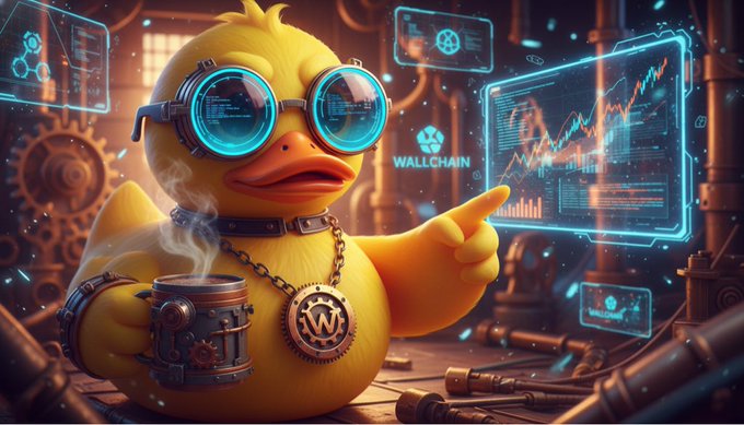 The image features a cartoon duck wearing glasses and holding a cup of coffee while pointing at a computer screen displaying stock market data. The text above the screen reads "Wallchain X Score kills bot farming Real influence gets rewarded Protocols stop wasting". This suggests that the duck is promoting Wallchain, an alternative to cryptocurrency, as a way to invest in real-world applications and potentially earn financial returns through its use.