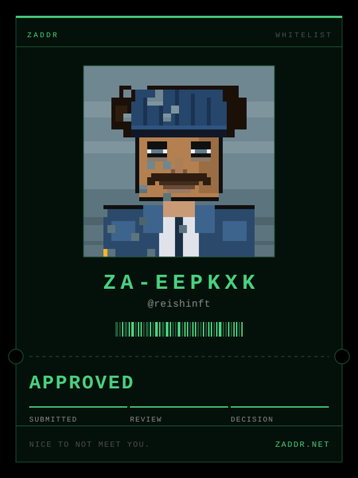 A digital ID card labeled 'ZADOR' features a pixel art portrait of a person wearing a blue cap and jacket, with the identifier 'ZA-EEPKXK', username '@reishinft', a barcode, and 'APPROVED' status marked at the bottom.