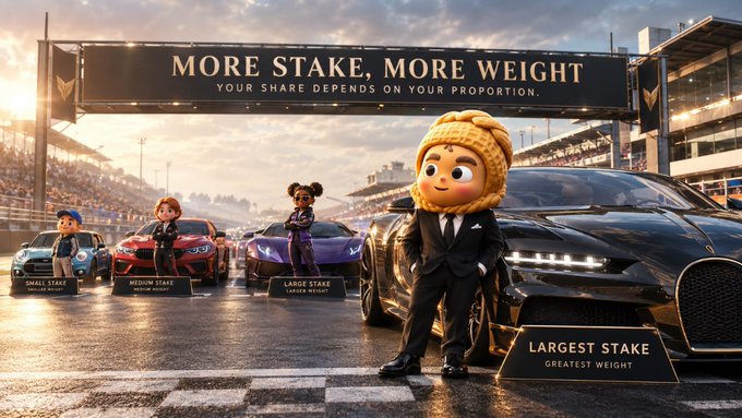 A race track scene titled 'MORE STAKE, MORE WEIGHT — YOUR SHARE DEPENDS ON YOUR PROPORTION' features characters standing next to increasingly larger cars labeled 'SMALL STAKE,' 'MEDIUM STAKE,' 'LARGE STAKE,' and 'LARGEST STAKE — GREATEST WEIGHT.'