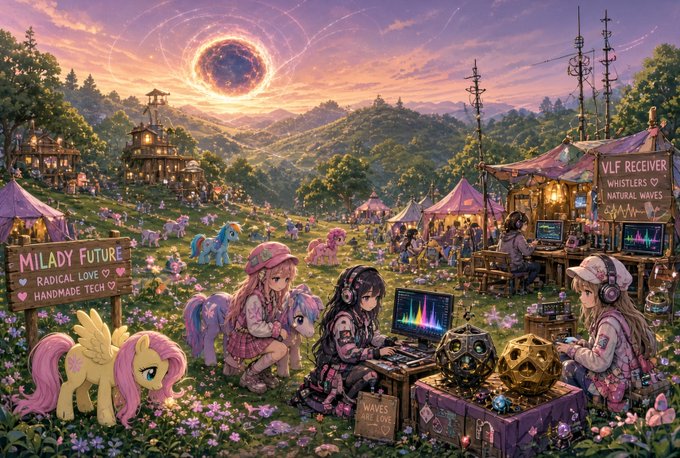 A vibrant anime-style illustration depicting a fantasy festival scene with characters in pastel clothing at market stalls labeled "MILADY FUTURE," "VLF RECEIVER WHISTLERS NATURAL WAVES," and "WAVES," set in a meadow with My Little Pony figures, a solar eclipse in the sky, and electronic equipment.