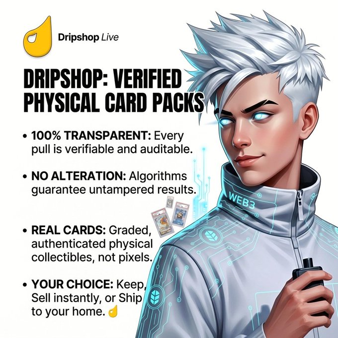 Promotional graphic for Dripshop Live's "Verified Physical Card Packs" featuring a silver-haired anime-style character in a tech-themed outfit, highlighting key selling points: 100% transparency, no alteration algorithms, real graded physical cards, and flexible options to keep, sell, or ship—with accompanying text explaining their Provably Fair model for auditable, trustless pack openings.