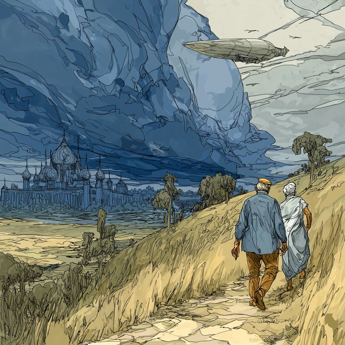 An illustrated fantasy scene shows two figures walking along a dirt path toward a distant palace, with an airship floating in the cloudy sky above.