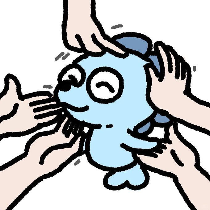 A simple cartoon drawing of a small blue character being squeezed or touched by multiple disembodied hands against a white background.