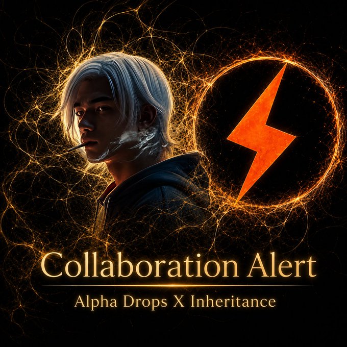 An artistic promotional graphic with a stylized character having white hair, an orange lightning bolt symbol, and text reading 'Collaboration Alert: Alpha Drops X Inheritance'.