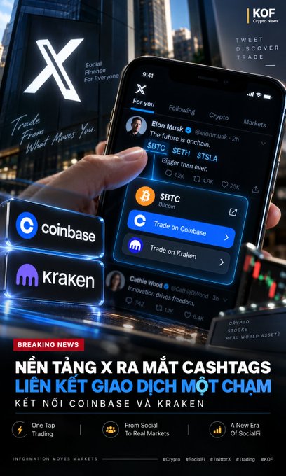 A promotional graphic for X (formerly Twitter) "CASHTAGS" in Vietnamese, advertising one-tap trading integrations with Coinbase and Kraken, featuring $BTC, $ETH, and $TSLA.