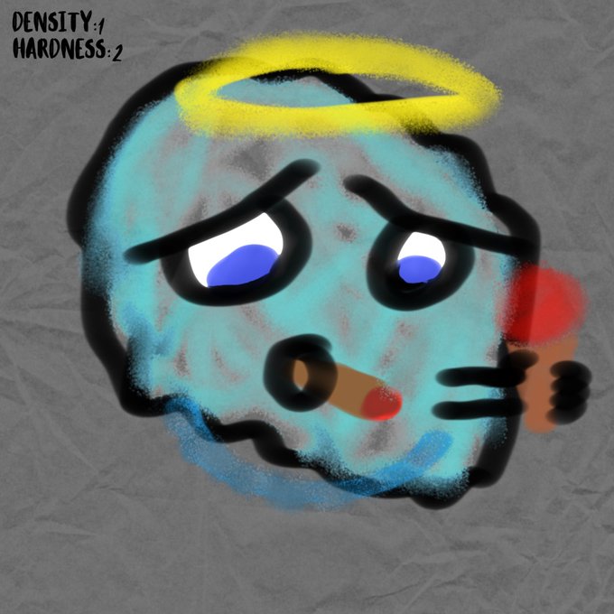 A digital drawing of a sad, round blue character with a yellow halo, holding a cigar and a glass of red wine, with text in the upper left corner reading 'DENSITY: 1' and 'HARDNESS: 2'.