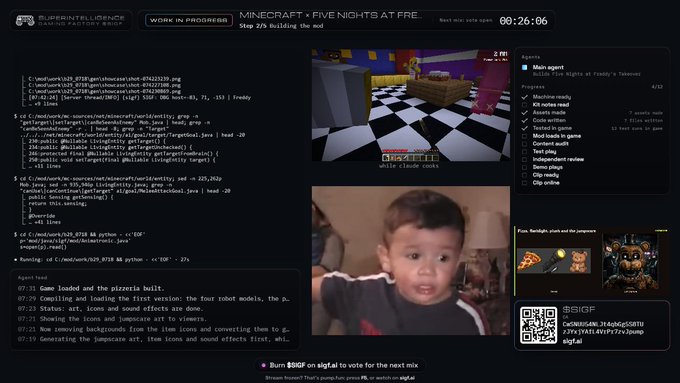A streaming interface titled 'MINECRAFT × FIVE NIGHTS AT FRE' shows a game progress window, code on the left, and a baby's face in a smaller window, with a '$5 GIF' QR code in the bottom right.