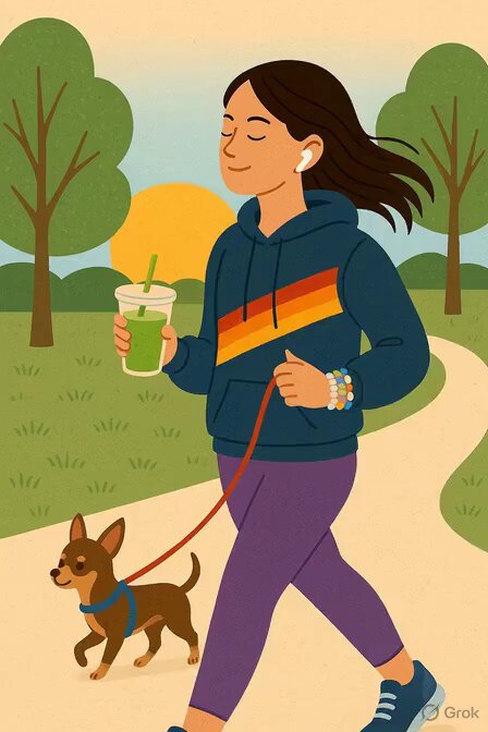 A girl walking her dog along a path with her headphones in, holding a cup of green tea while enjoying the outdoors. The text at the bottom of the image reads "Good morning friends $RIVER can hit $10 in June @RiverdotInc @River4fun".
