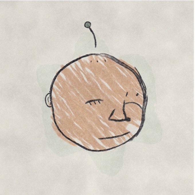 A simple hand-drawn sketch of a round face with closed eyes, a small antenna on top, and a green watercolor shadow on a beige background.