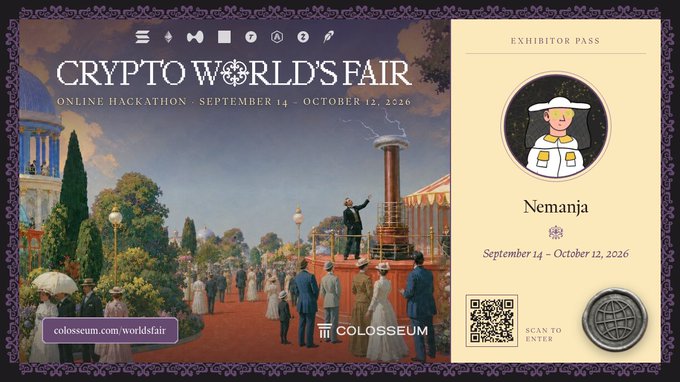 An exhibitor pass for the 'Crypto World's Fair' online hackathon (September 14 - October 12, 2026) for a user named Nemanja, featuring a vintage illustration of a fair and a QR code.