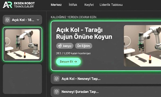 A screenshot of a Turkish robotics website (Eksen Robot Teknolojileri) showing a dashboard with a robotic arm tutorial titled 'Açık Kol - Tarağı Rujun Önüne Koyun' (Open Arm - Place the Comb in Front of the Lipstick).