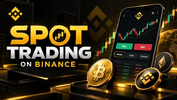 A promotional graphic titled 'SPOT TRADING ON BINANCE' featuring the Binance logo, gold Bitcoin and Ethereum coins, and a smartphone displaying a green and red trading chart with 'Buy' and 'Sell' buttons.