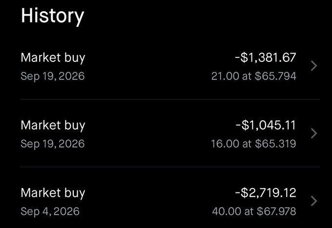 A transaction history screen showing three market buy entries dated Sep 19, 2026 and Sep 4, 2026, with amounts of -$1,381.67, -$1,045.11, and -$2,719.12.