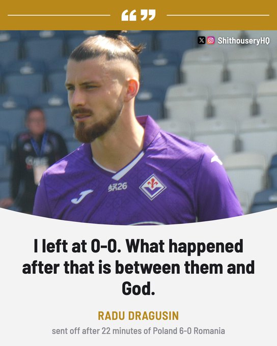 The image shows a quote graphic featuring footballer Radu Dragusin in a purple Fiorentina jersey, with the caption "I left at 0-0. What happened after that is between them and God," referencing his red card during Poland's 6-0 win over Romania. The meme draws a parallel between Dragusin leaving before a major loss and FOMO traders exiting a memecoin just before it pumps, emphasizing the regret of missing out after an early departure.