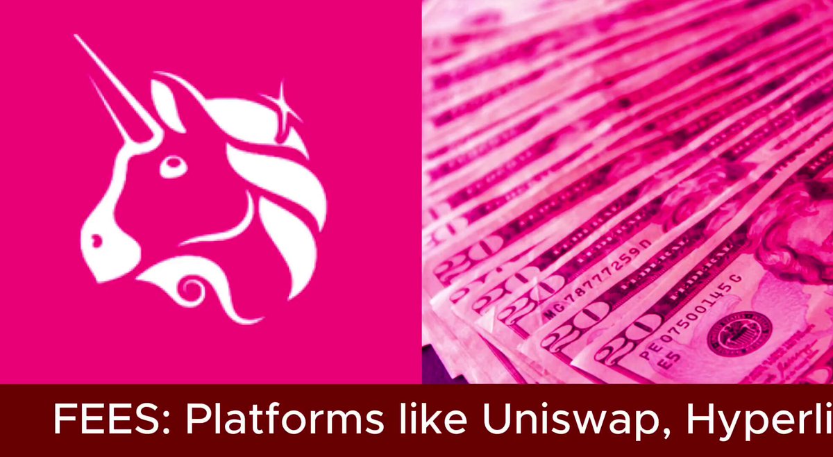 The image shows a pink unicorn logo with the text "EES: Platforms like Uniswap, Hyperli" written below it. The background of the image features a stack of US dollar bills arranged horizontally across the frame.
