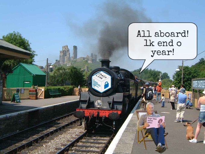 A black steam train at Corfe Castle station with a speech bubble reading 'All aboard! 1k end o year!', while an elderly person sits on a chair holding a sign about 'large fish for pensioners'.