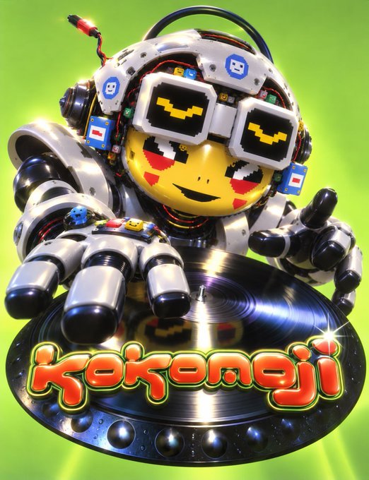 The promotional graphic features a futuristic, robotic Pikachu wearing pixelated "deal with it" sunglasses and headphones, posed over a turntable with the "Kokomeji" logo, aligning with the post's announcement of an upcoming Kokomeji launch in collaboration with the listed crypto/web3 partners.