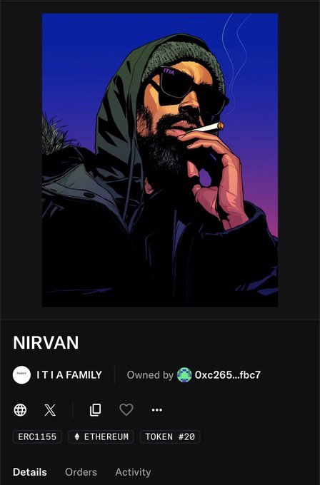 A stylized digital illustration of a bearded man in a beanie and sunglasses smoking a cigarette, displayed as an NFT titled "NIRVAN" from the "ITIA FAMILY" collection on OpenSea, with tags indicating ERC1155, Ethereum, and Token #20, owned by wallet 0xc265...fbc7—visually representing the launch of the ITIA FAMILY's on-chain identity.