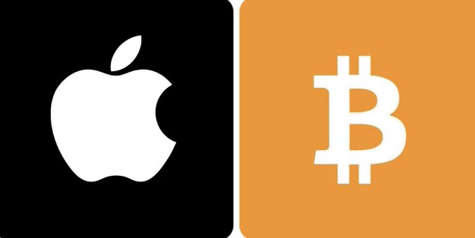 The image features the Apple logo on a black background beside the Bitcoin (₿) symbol on an orange background, visually representing the convergence of Apple's massive ecosystem with cryptocurrency, as highlighted by the post about iOS apps now being permitted to direct users to external payment options.