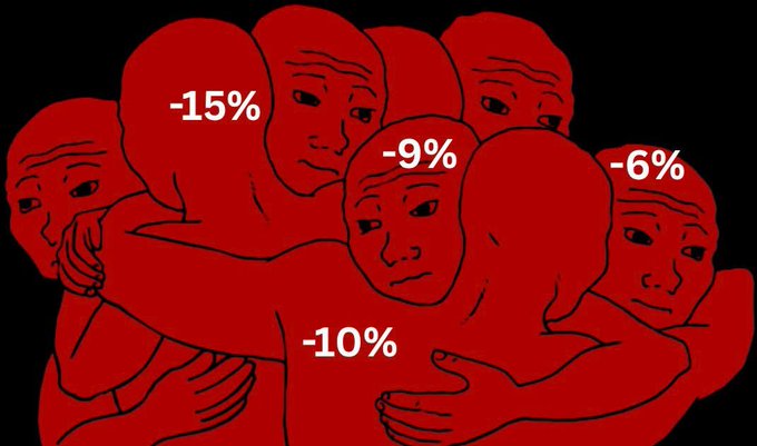 A group of red illustrated figures embracing each other, each labeled with negative percentages (-15%, -9%, -6%, -10%) on their heads and bodies, suggesting collective negative values.
