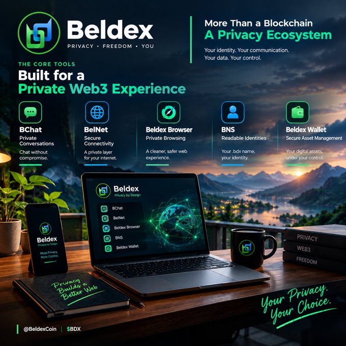 A promotional graphic for "Beldex" branding it as "More Than a Blockchain - A Privacy Ecosystem" with core tools including BChat, BelNet, Beldex Browser, BNS, and Beldex Wallet.
