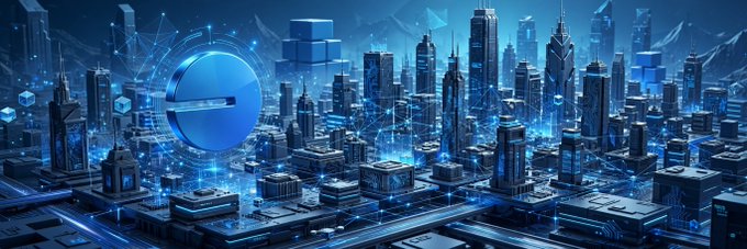 A futuristic digital cityscape rendered in blue tones with floating cubes and network connections.